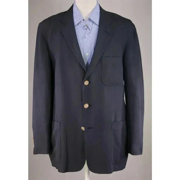 McKenzie Tribe Navy Blue Linen-Viscose Patch Pocket Blazer Jacket 44R - Picture 2 of 8
